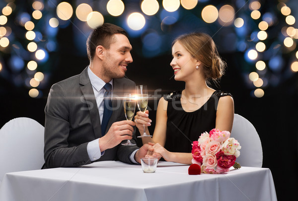 Stockfoto: Paar · bril · champagne · restaurant · vakantie · glimlachend