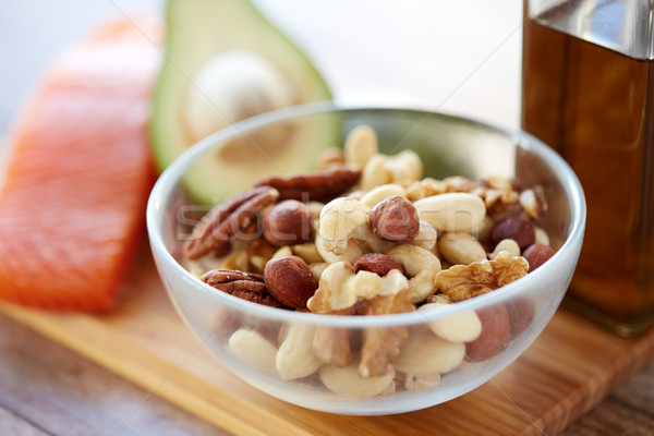 close up of nut mix in glass bowl on table Stock photo © dolgachov