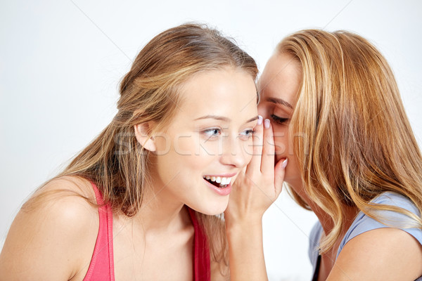 Boldog fiatal nők suttog pletyka otthon barátság Stock fotó © dolgachov