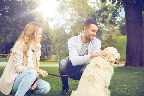happy couple with labrador dog walking in city Stock photo © dolgachov