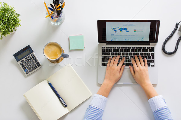 Stock photo: hands of businesswoman working on laptop at office