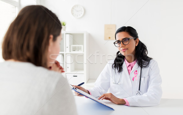 doctor with pink awareness ribbon and patient Stock photo © dolgachov