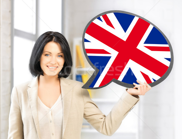 улыбающаяся женщина текста пузыря британский флаг образование иностранный Сток-фото © dolgachov