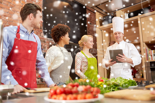 happy friends with tablet pc in kitchen Stock photo © dolgachov