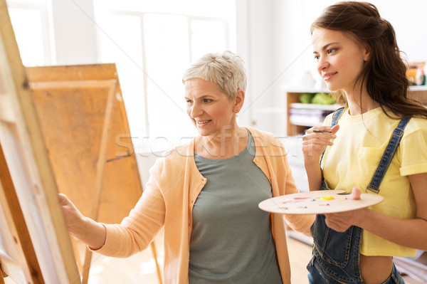 women with easels and palettes at art school Stock photo © dolgachov