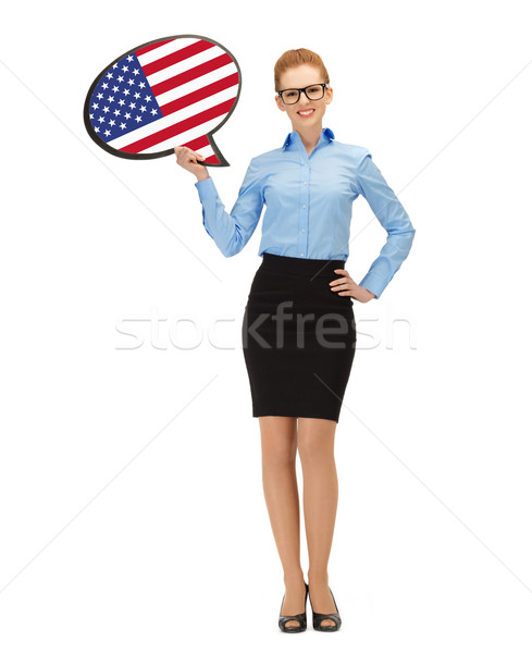 Donna sorridente testo bolla bandiera americana istruzione estero Foto d'archivio © dolgachov