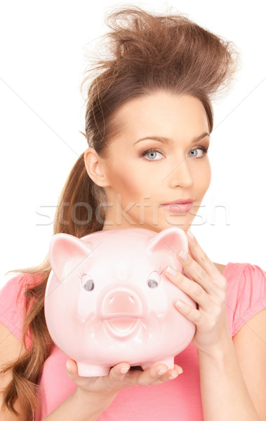 Foto stock: Mulher · piggy · bank · quadro · retrato · rosa · pessoa