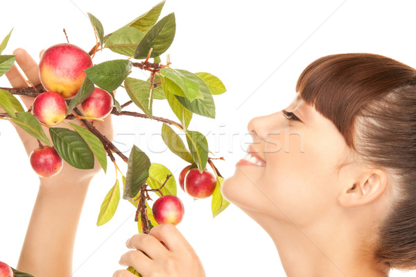 ストックフォト: 幸せ · 女性 · リンゴ · 小枝 · 画像 · 顔