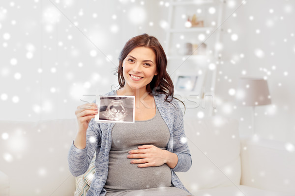 Stock fotó: Boldog · terhes · nő · ultrahang · kép · otthon · terhesség