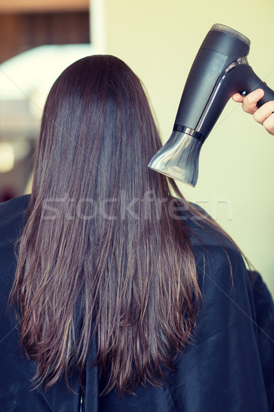 stylist hand with fan dries woman hair at salon Stock photo © dolgachov