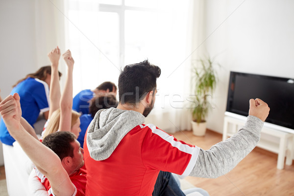 Foto stock: Amigos · fútbol · aficionados · viendo · tv · casa