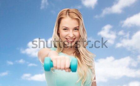 [[stock_photo]]: Heureux · jeune · femme · cheveux · blonds · ciel · bleu · coiffure · personnes