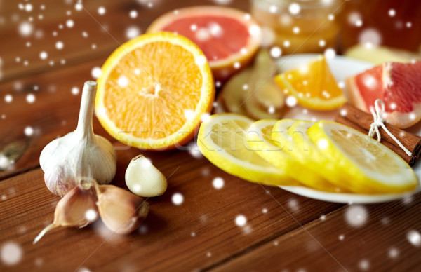 Knoblauch Zitrone orange andere Abhilfe Gesundheit Stock foto © dolgachov