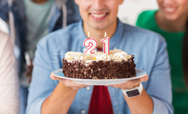 man with cake and friends at birthday party Stock photo © dolgachov