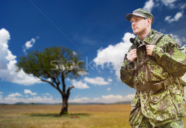 soldier in military uniform with backpack hiking Stock photo © dolgachov