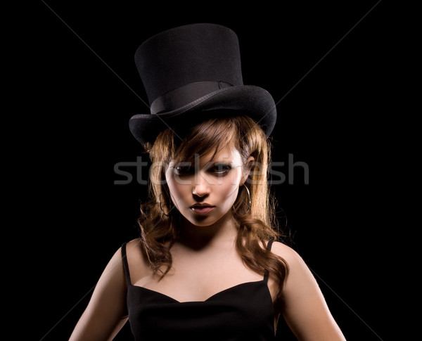 Donna vestito nero top Hat buio foto Foto d'archivio © dolgachov