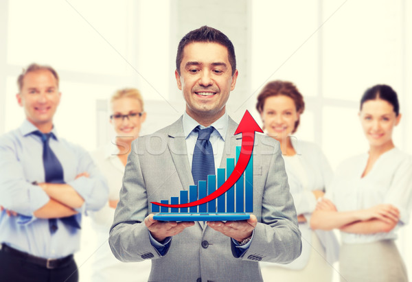 Stock photo: happy businessman in suit holding tablet pc