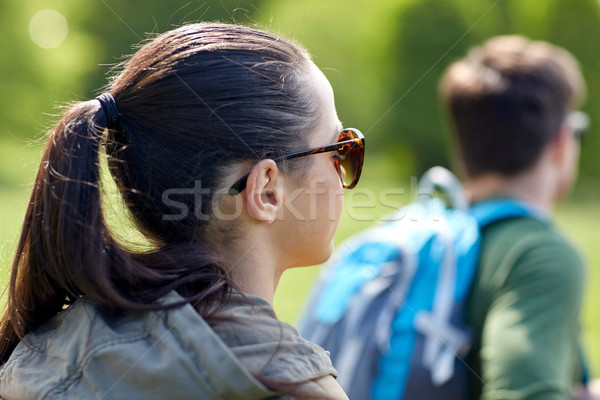 close up of couple with backpacks hiking outdoors Stock photo © dolgachov
