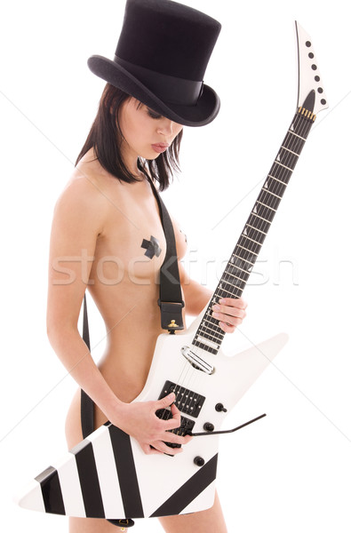 Rock babe Frau top hat E-Gitarre Stock foto © dolgachov