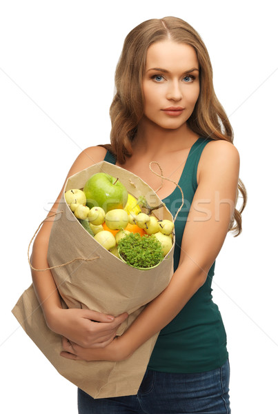 Stockfoto: Vrouw · boodschappentas · vol · vruchten · foto · papier