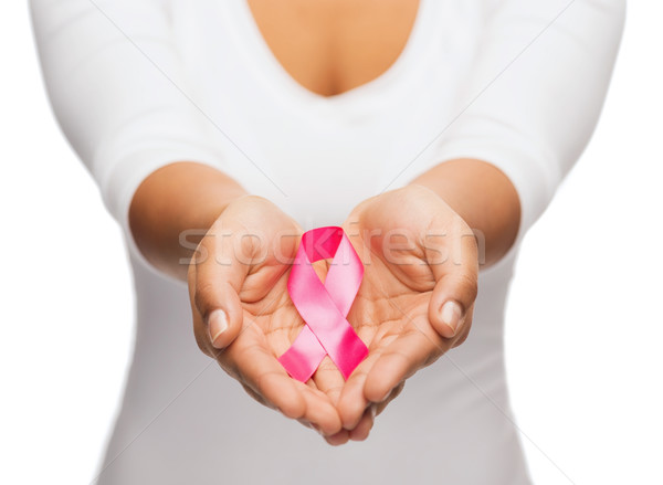 Kezek tart rózsaszín mellrák tudatosság szalag Stock fotó © dolgachov