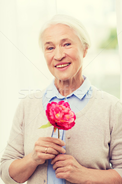 Stock photo: happy smiling senior woman with flower at home