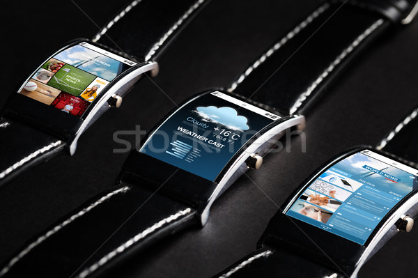 Stockfoto: Zwarte · smart · horloge · ingesteld · multimedia