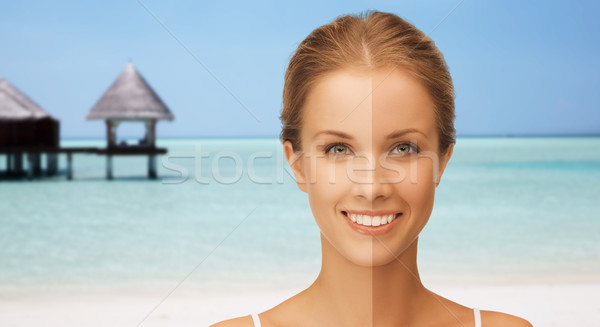 Schöne Frau Hälfte Gesicht gegerbt Menschen Stock foto © dolgachov