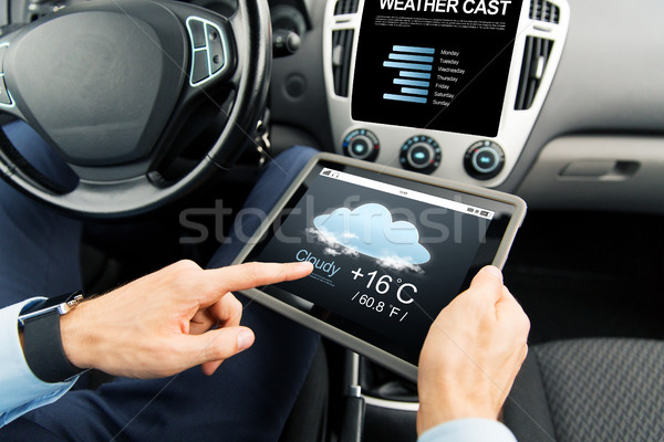 Stock photo: close up of man with tablet pc in car