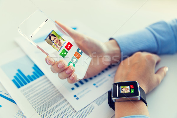 Stock photo: close up of hands with smart phone and watch