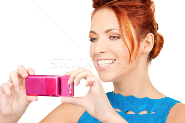 Gelukkig vrouw telefoon camera foto gezicht Stockfoto © dolgachov