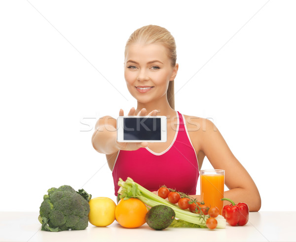Foto stock: Mulher · frutas · legumes · calorias · saúde