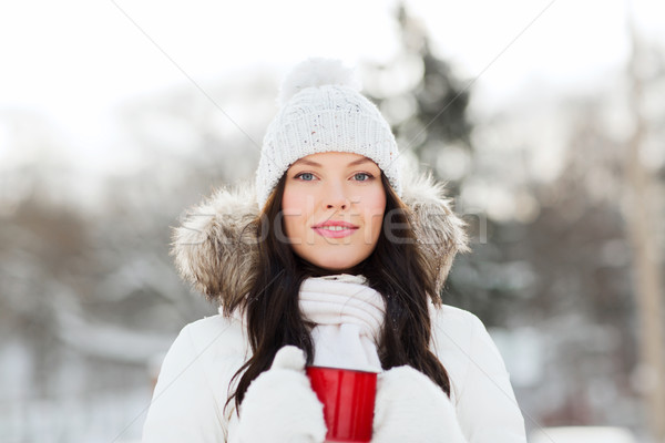 Stock foto: Glücklich · Teetasse · Freien · Winter · Menschen