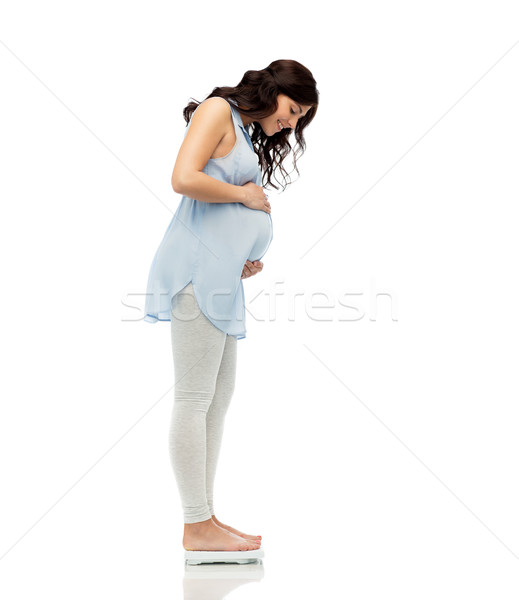 Stock fotó: Boldog · terhes · nő · mér · súly · mérleg · terhesség