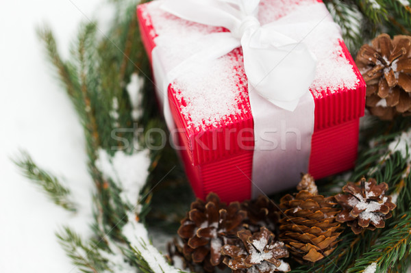 close up of christmas gift and fir wreath on snow Stock photo © dolgachov