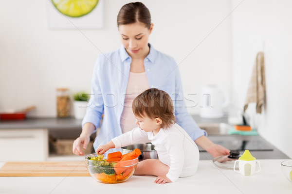 Gelukkig moeder babyvoedsel home keuken familie Stockfoto © dolgachov