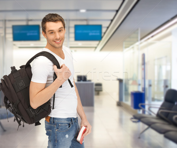 Mosolyog diák hátizsák könyv repülőtér utazás Stock fotó © dolgachov