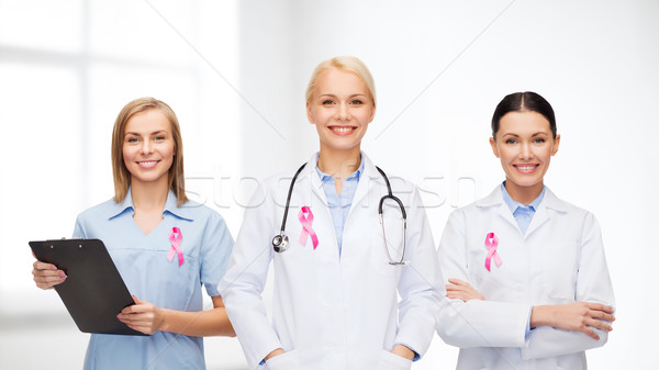 female doctors with breast cancer awareness ribbon Stock photo © dolgachov