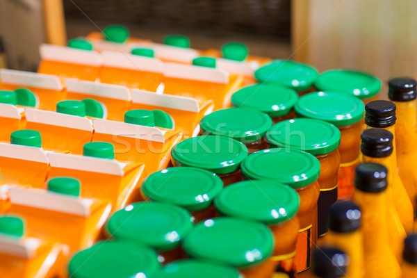 Stock photo: jars and bottles with eco food at bio market