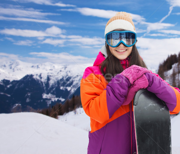 Stok fotoğraf: Mutlu · genç · kadın · snowboard · dağlar · kış · boş