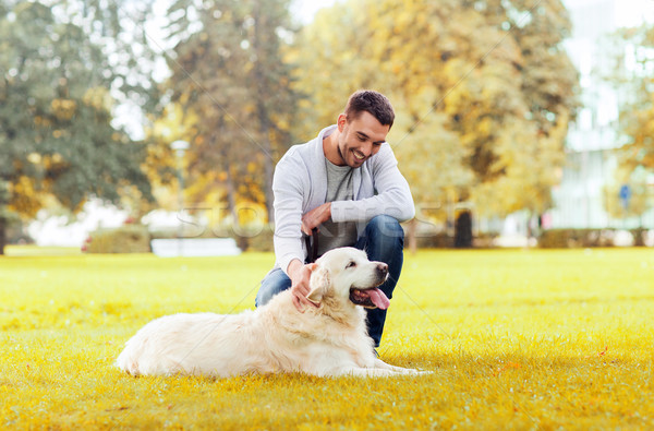 Szczęśliwy człowiek labrador psa jesienią miasta Zdjęcia stock © dolgachov