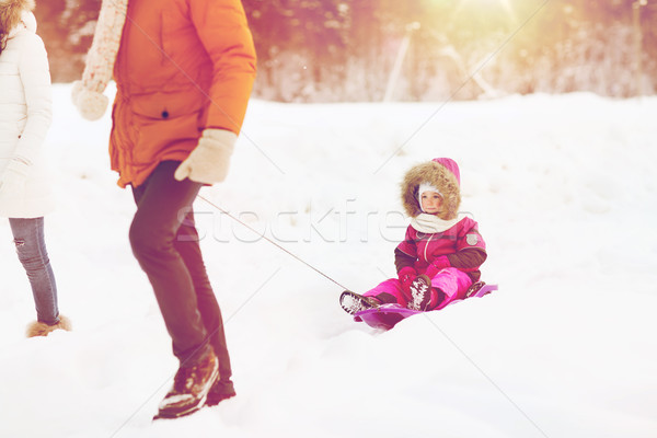 happy family with sled walking in winter forest Stock photo © dolgachov