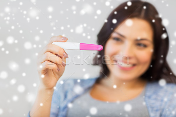 close up of happy woman with home pregnancy test Stock photo © dolgachov