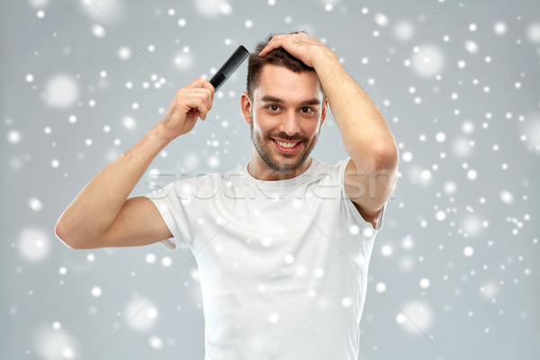 Stock foto: Glücklich · Mann · Haar · Kamm · Schnee · Schönheit
