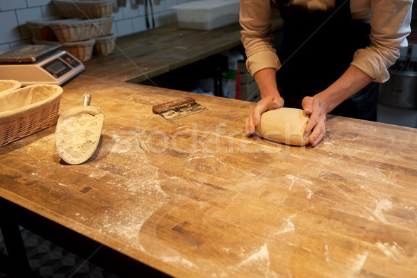 baker making bread dough at bakery kitchen Stock photo © dolgachov