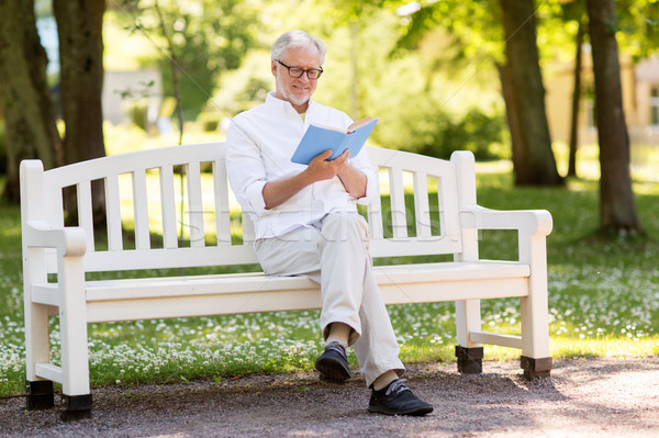 Stockfoto: Gelukkig · senior · man · lezing · boek · zomer