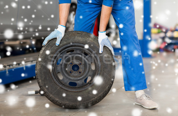 auto mechanic changing car tire at workshop Stock photo © dolgachov