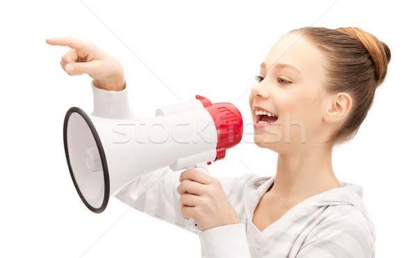 Foto stock: Megafone · brilhante · quadro · menina · feliz