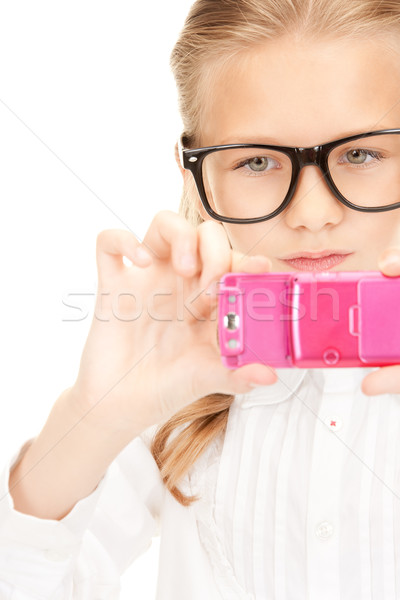 Gelukkig meisje foto mobiele telefoon portret meisje Stockfoto © dolgachov