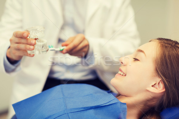 happy dentist showing jaw layout to patient girl Stock photo © dolgachov
